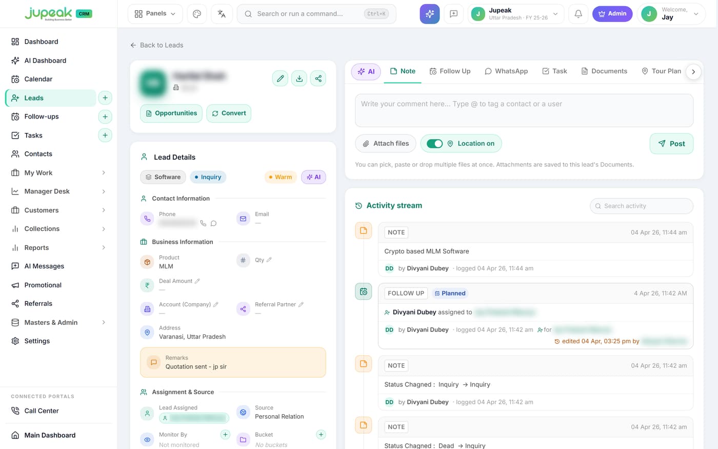 Lead detail page with AI, notes, follow-ups, WhatsApp, tasks and documents tabs above a full activity stream